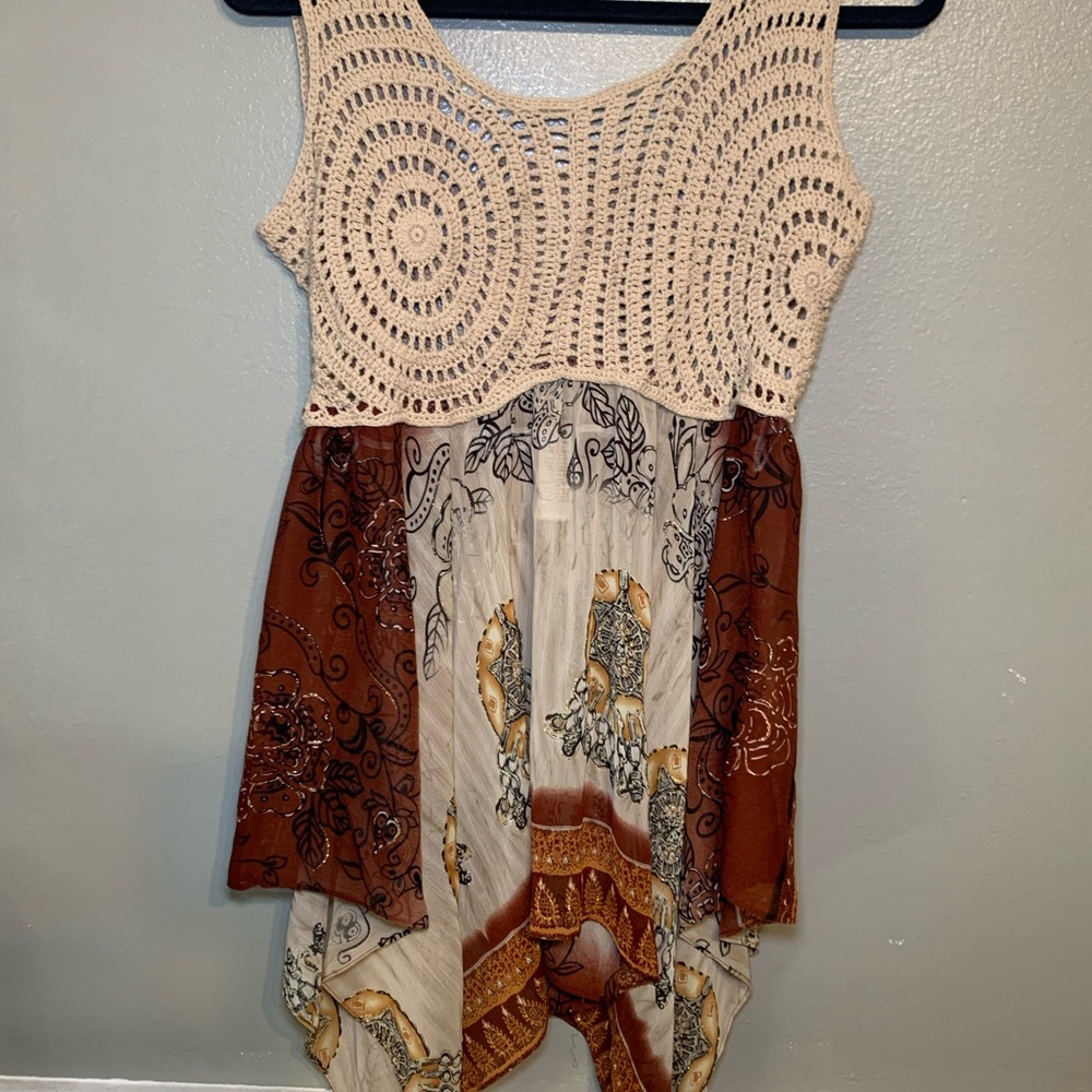 Kaely N Max Crochet Patchwork Boho Top Handkerchief Hem Flowy Festival Tank